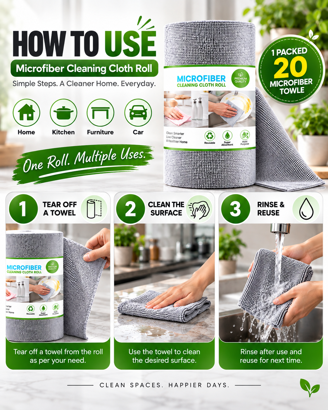 Microfiber Cleaning Cloth Roll (20Pcs)